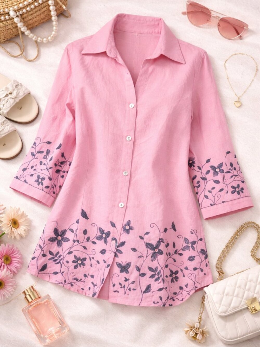 Maggie Sweet Pink Floral Embroidered Button-Down Blouse – Size M